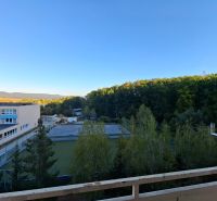 Blick aus einer Einzimmerwohnung in der Školská-Straße in Kanianka auf Wälder und Schule.