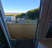 Blick vom Balkon einer Einzimmerwohnung in der Školská-Straße in Kanianka mit Waldkulisse.