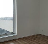 Ein Zimmer in einer 2-Zimmer-Wohnung mit einem großen Fenster und einem Boden in Holzoptik.