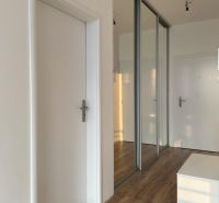 Eingangsflur einer 2-Zimmer-Wohnung mit Holzboden und Spiegelschrank.
