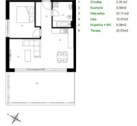 Grundriss einer 2-Zimmer-Wohnung mit Terrasse und einer Küche, die mit dem Wohnzimmer verbunden ist.