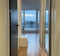 Eingangsflur in einer 2-Zimmer-Wohnung mit Holzboden und großen Fenstern.