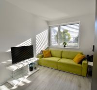 Wohnzimmer mit grünem Sofa, Fernseher und Holzboden in einer 3-Zimmer-Wohnung.