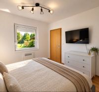 Ein Schlafzimmer in einem Einfamilienhaus mit hellen Möbeln, einem Fenster und einem Fernseher an der Wand.
