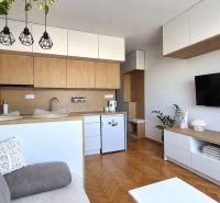 Einzimmerwohnung mit Holzboden, Küche, Fernseher und moderner Beleuchtung.