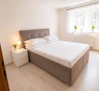 Schlafzimmer mit Bett, Nachttischen und Boden mit Holzdekor in einer 2-Zimmer-Wohnung.