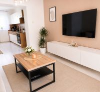 Wohnzimmer in einer 2-Zimmer-Wohnung mit Holzboden und modernen Möbeln.