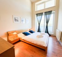 Schlafzimmer in einer 3-Zimmer-Wohnung mit Holzboden und großen Fenstern.