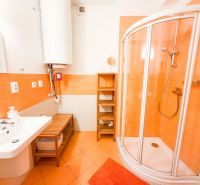Badezimmer in einer 3-Zimmer-Wohnung mit orangefarbenen Fliesen, Duschkabine und weißem Waschbecken.