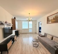 Wohnzimmer in einer 3-Zimmer-Wohnung mit Holzboden, Fernseher und Sofa.