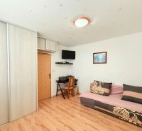 Wohnzimmer in einer 3-Zimmer-Wohnung mit Holzboden, Sofa und Schrank.