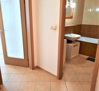 Flur mit Fliesenboden und Blick auf das Badezimmer in einer 2-Zimmer-Wohnung.
