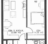 Grundriss einer 2-Zimmer-Wohnung mit Küche, Badezimmer, Abstellraum und Diele.