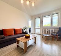 Wohnzimmer in einer 3-Zimmer-Wohnung mit Holzboden und einem bequemen Sofa.