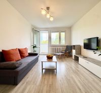 Wohnzimmer mit Holzboden, Sofa und Fernseher in einer 3-Zimmer-Wohnung.