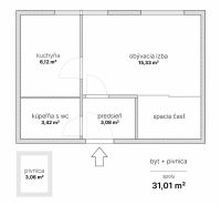 Grundriss einer Einzimmerwohnung mit Küche, Wohnzimmer, Badezimmer und Keller.
