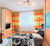 Wohnzimmer in einer Einzimmerwohnung mit bunten Vorhängen und einem schwarzen gemusterten Teppich.