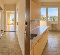 Flur und Küche in einer 2-Zimmer-Wohnung mit Aussicht, Boden mit Holzdekor.
