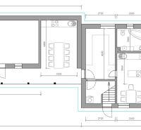Grundriss eines Einfamilienhauses zeigt die Anordnung der Zimmer und Möbel in Komárno.