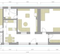 Grundriss eines Einfamilienhauses mit der Anordnung von Zimmern, Küche und Badezimmer.