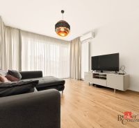 Wohnzimmer mit Holzboden, großem Sofa und Fernseher in einer 2-Zimmer-Wohnung.