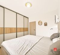 Schlafzimmer mit großem Einbauschrank und Bett in einer Zweizimmerwohnung.