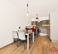 Küche in einer 2-Zimmer-Wohnung mit Esstisch und Boden in Holzoptik.