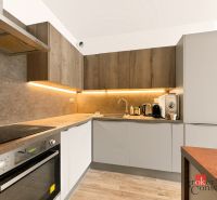 Küche mit Eckzeile, ausgestattet mit Geräten, Boden mit Holzdekor.