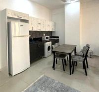 Küche in einer 2-Zimmer-Wohnung mit Esstisch, Kühlschrank und Waschmaschine.