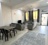 2-Zimmer-Wohnung mit dunklen Sofas, Esstisch und Fernseher, Boden mit Holzdekor.