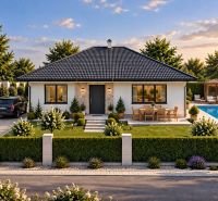 Einfamilienhaus mit Garage und Pool in Čermany, umgeben von einem gepflegten Garten. Grundstücke - Wohnen.
