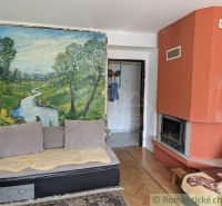Wohnzimmer in einer Zweizimmerwohnung mit Landschaftsgemälde, Kamin und Sofa.