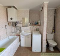 Badezimmer mit Dusche, Badewanne und Waschmaschine in einer 2-Zimmer-Wohnung.