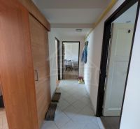 Der Flur in der 2-Zimmer-Wohnung mit Fliesen und einem Schrank auf dem Boden mit Holzdekor.