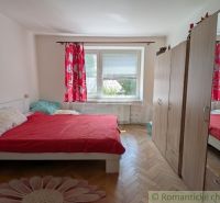 Schlafzimmer in einer 2-Zimmer-Wohnung mit Bett, Kleiderschrank und Boden mit Holzdekor.