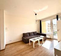Wohnzimmer in einer Zweizimmerwohnung mit grauem Sofa und Boden in Holzoptik.