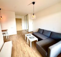 Wohnzimmer einer Zweizimmerwohnung, graues Sofa, Boden mit Holzdekor, zwei Kronleuchter.