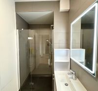 Badezimmer in einer 2-Zimmer-Wohnung mit großem Spiegel und Duschkabine mit Glastüren.
