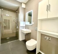 Badezimmer mit Toilette, Dusche und Stauraum in einer 2-Zimmer-Wohnung.