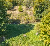 Grünflächen und Bäume auf den Erholungsgrundstücken in Štiavnické Bane unter der Herbstsonne.