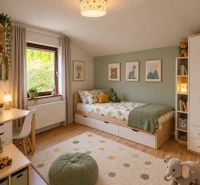 Kinderzimmer in einem Einfamilienhaus mit Teppichdekor und Möbeln.
