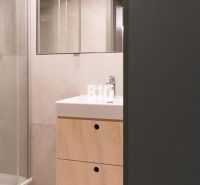 Badezimmer mit Waschbecken und Duschkabine in einer 2-Zimmer-Wohnung.