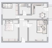 Grundriss einer 3-Zimmer-Wohnung mit Badezimmer, Küche, Schlafzimmer und Wohnzimmer.
