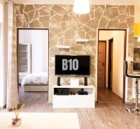 Wohnzimmer in einer Zweizimmerwohnung mit Holzboden und einem Fernseher an der Wand.