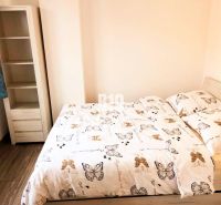 Schlafzimmer in einer 2-Zimmer-Wohnung mit Bett und Regal, Boden mit Holzdekor.