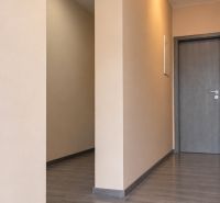 Ein Flur in einem Einfamilienhaus mit einem Boden in Holzoptik und neutralen Wänden.