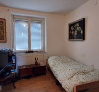 Ein Zimmer in einem Einfamilienhaus mit einem Bett, einem Fernseher und einem Boden in Holzoptik.
