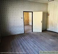 Ein Raum mit Tapeten und einem Boden in Holzoptik, im Hintergrund ein weiteres Zimmer.