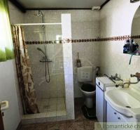 Badezimmer in der Hütte mit weißen Fliesen, Dusche und Waschbecken mit Spiegel.
