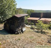 Gartenhütte in Modrý Kameň mit einem Holzunterstand zwischen Bäumen und Sträuchern.